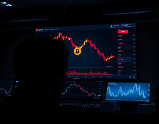 Cryptocurrency exchange dashboard showing declining Bitcoin chart with OKX branding in a professional trading environment