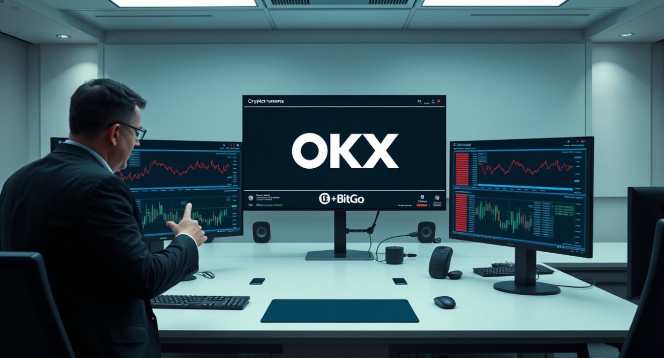 OKX off-exchange settlement interface displayed on institutional trading desk monitors with BitGo integration for secure crypto asset custody.