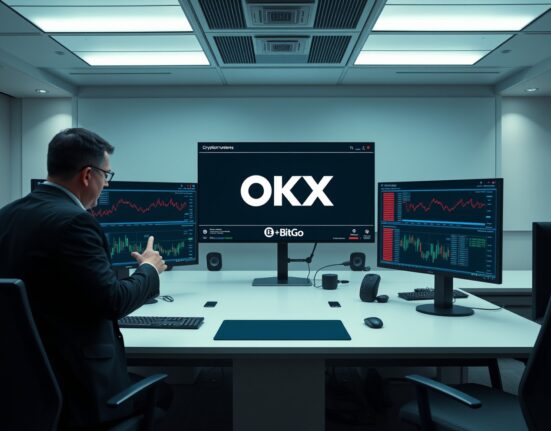 OKX off-exchange settlement interface displayed on institutional trading desk monitors with BitGo integration for secure crypto asset custody.