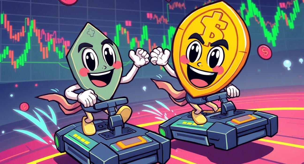 Cartoon cryptocurrency trading scene featuring perpetual futures with dynamic market movement