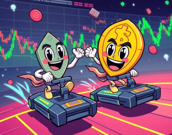 Cartoon cryptocurrency trading scene featuring perpetual futures with dynamic market movement