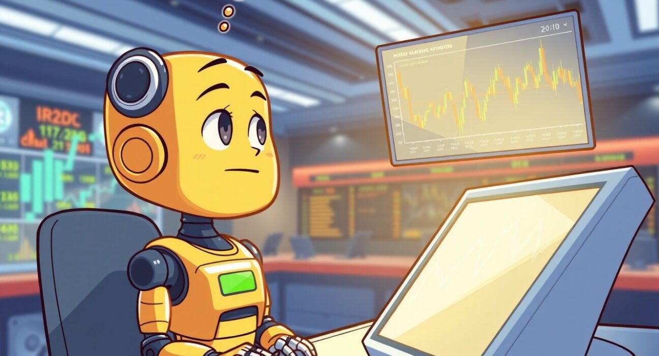 A cartoon robot trader at a crypto exchange watching a KITE perpetual futures chart line fade away.