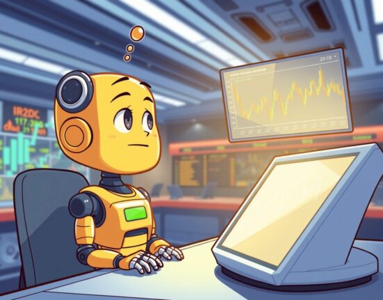 A cartoon robot trader at a crypto exchange watching a KITE perpetual futures chart line fade away.