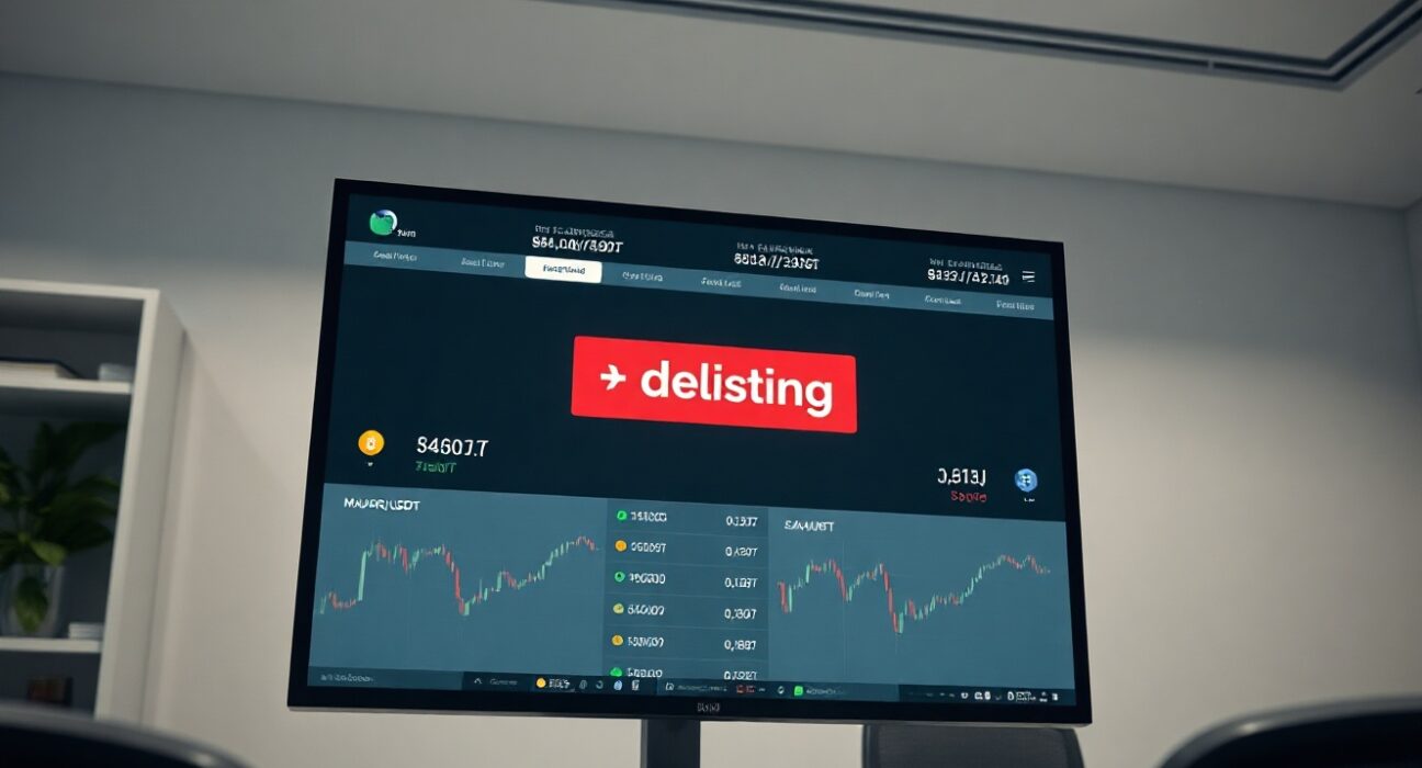 Cryptocurrency exchange dashboard showing a delisting alert for MAJOR/USDT and J/USDT trading pairs.