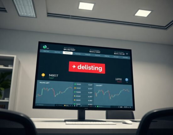 Cryptocurrency exchange dashboard showing a delisting alert for MAJOR/USDT and J/USDT trading pairs.