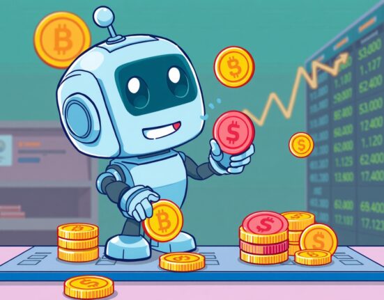 A cartoon robot delisting spot trading tokens on a vibrant digital exchange board.