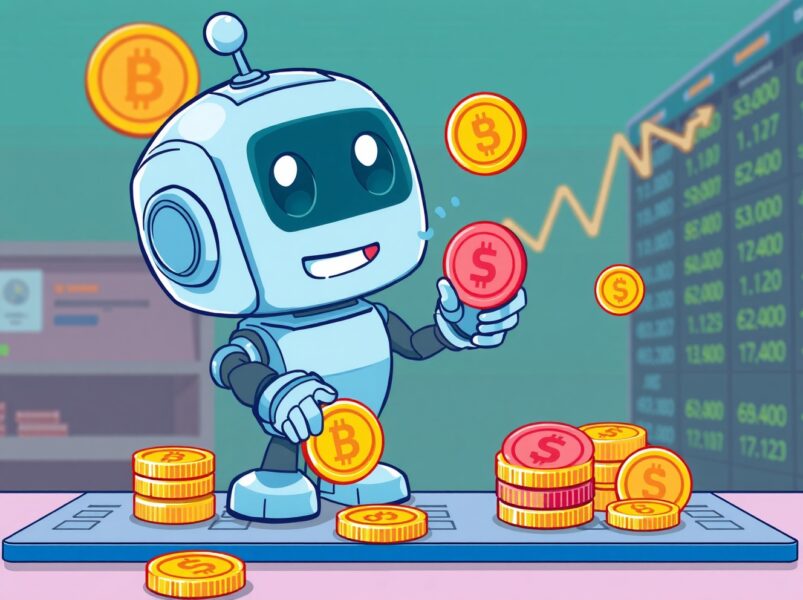 A cartoon robot delisting spot trading tokens on a vibrant digital exchange board.