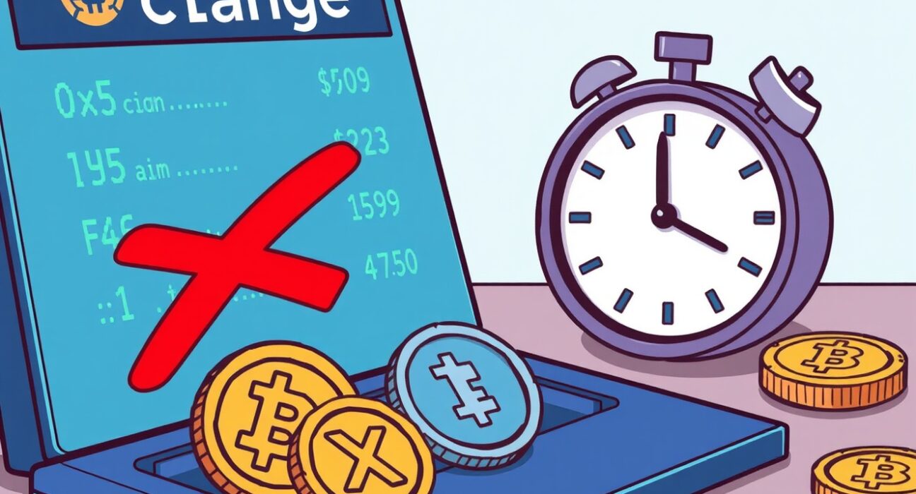 A cartoon illustration showing the upcoming OKX delisting of six crypto assets, highlighting the urgent nature of the announcement.