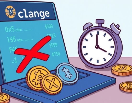 A cartoon illustration showing the upcoming OKX delisting of six crypto assets, highlighting the urgent nature of the announcement.
