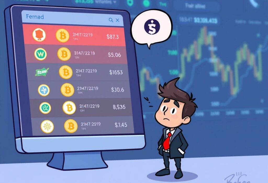 A cartoon illustration showing digital assets being removed from a list on a trading screen, representing the upcoming OKX delisting of margin trading pairs.