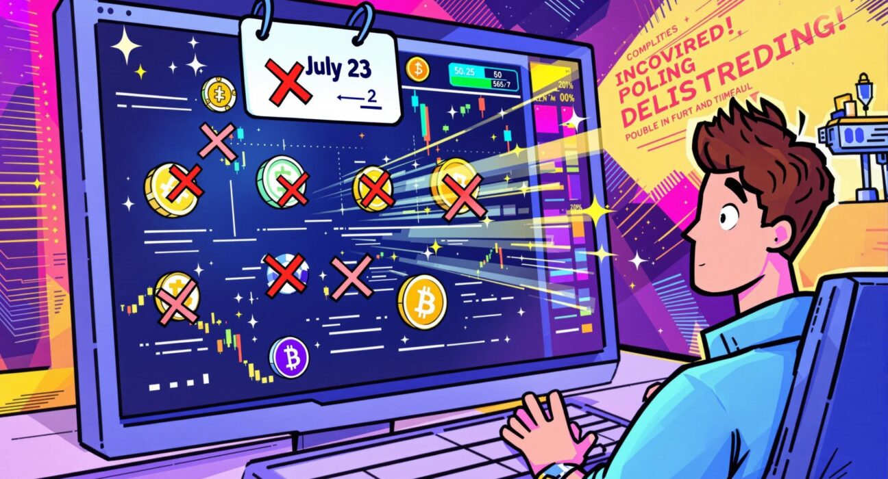 A cartoon illustration symbolizing the significant impact of OKX delisting on various crypto trading pairs for traders.