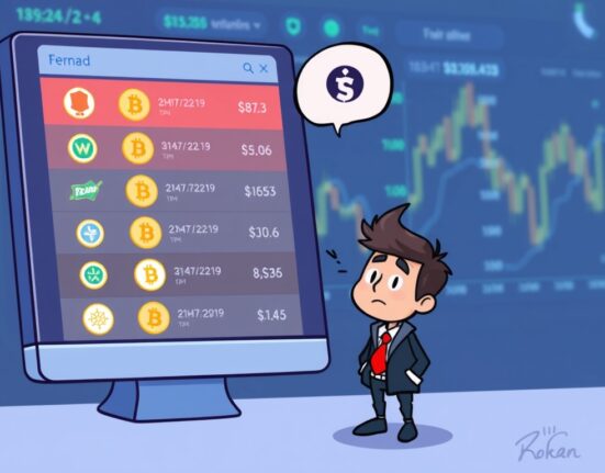 A cartoon illustration showing digital assets being removed from a list on a trading screen, representing the upcoming OKX delisting of margin trading pairs.