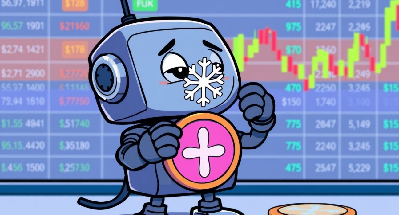 A cartoon robot removing the ICE token from a crypto exchange dashboard, illustrating the OKX delist ICE action.