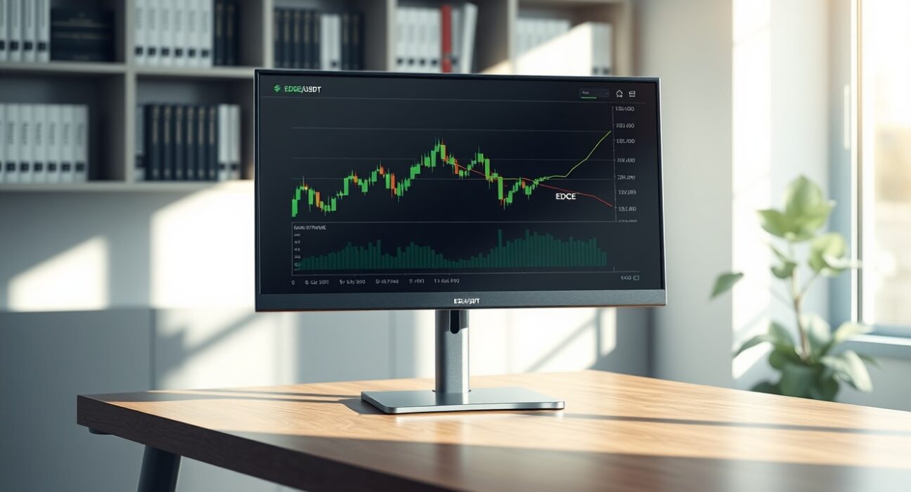 Professional trading interface displaying the OKX EDGE/USDT perpetual futures chart in a modern office setting.