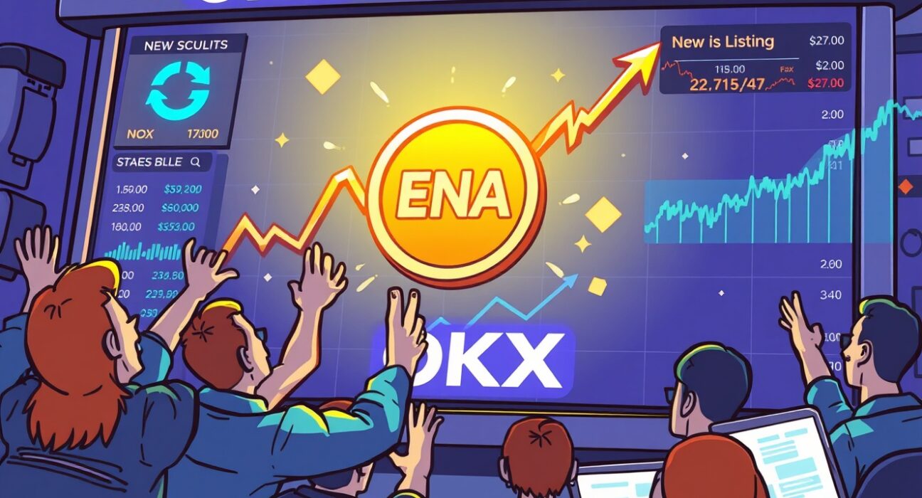 Cartoon scene showing an excited crowd around a crypto exchange, celebrating the new OKX ENA Listing and its potential.