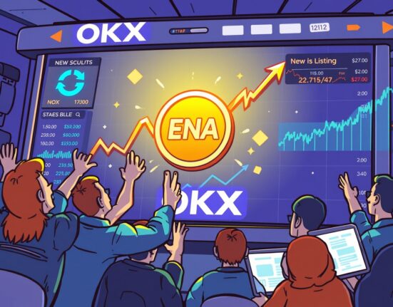 Cartoon scene showing an excited crowd around a crypto exchange, celebrating the new OKX ENA Listing and its potential.