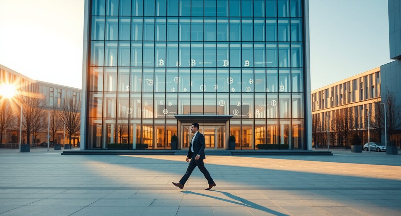 Modern European financial district building with subtle cryptocurrency symbols reflecting on glass facade
