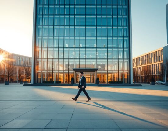 Modern European financial district building with subtle cryptocurrency symbols reflecting on glass facade
