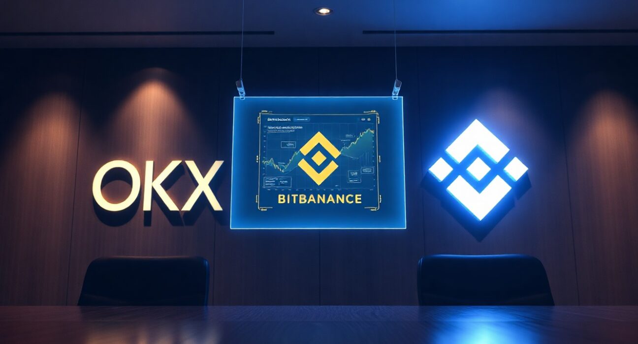 OKX and Binance logos in a tense boardroom setting with a digital projection of a DEX interface.