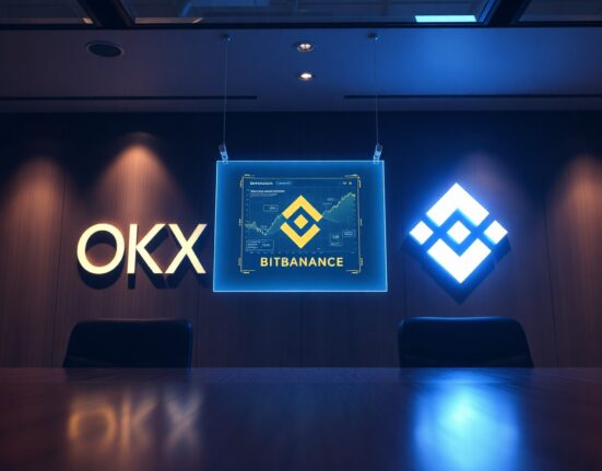 OKX and Binance logos in a tense boardroom setting with a digital projection of a DEX interface.