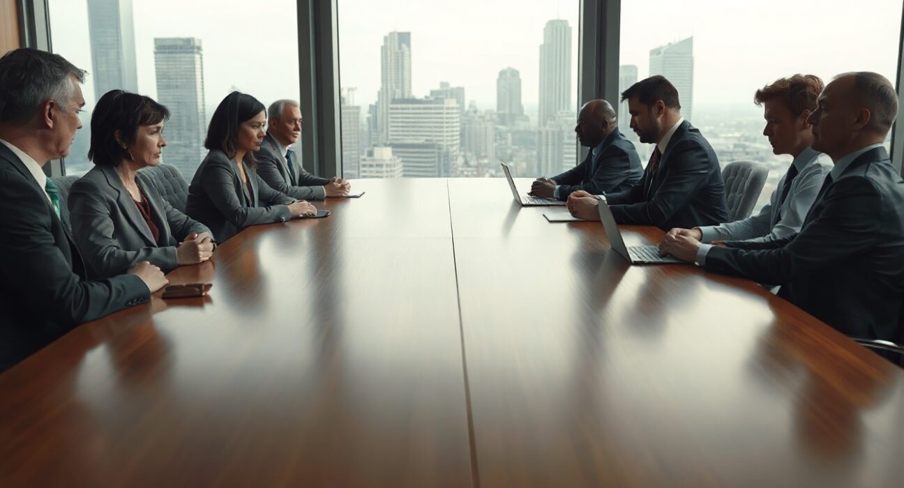 Serious boardroom meeting between two crypto exchange executive teams under overcast daylight.