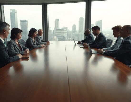 Serious boardroom meeting between two crypto exchange executive teams under overcast daylight.