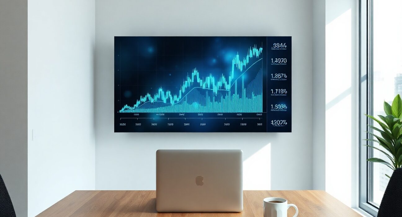 Modern cryptocurrency exchange office interior with digital screen showing blockchain data