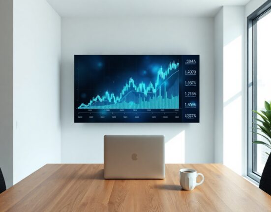 Modern cryptocurrency exchange office interior with digital screen showing blockchain data