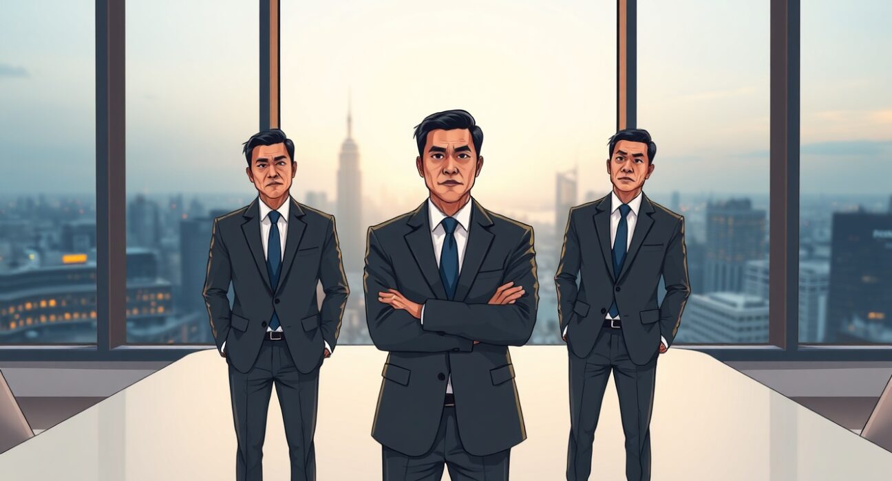 OKX founder Star Xu, Binance founder CZ, and Huobi founder Leon Li in a tense corporate meeting representing the crypto exchange rivalry.