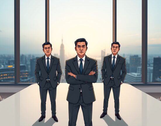 OKX founder Star Xu, Binance founder CZ, and Huobi founder Leon Li in a tense corporate meeting representing the crypto exchange rivalry.