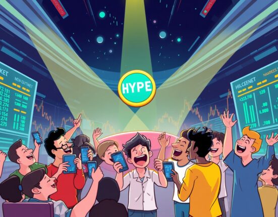 Vibrant cartoon illustrating the excitement around the OKX HYPE listing, with digital coins and trading activity.