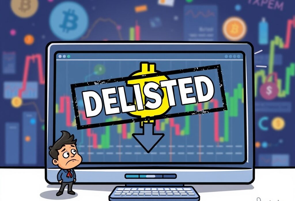 Cartoon illustration representing the OKX JST futures delisting, showing a cryptocurrency asset being removed from a trading platform.