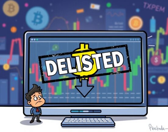 Cartoon illustration representing the OKX JST futures delisting, showing a cryptocurrency asset being removed from a trading platform.
