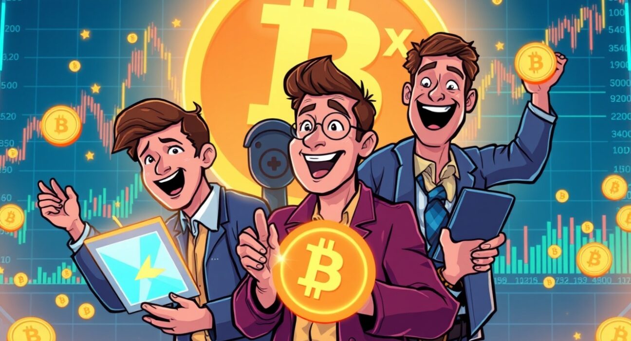 Cartoon traders excitedly engage with screens showing LAB perpetual futures on OKX, highlighting the potential for leveraged trading.