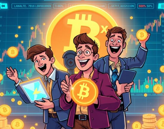 Cartoon traders excitedly engage with screens showing LAB perpetual futures on OKX, highlighting the potential for leveraged trading.