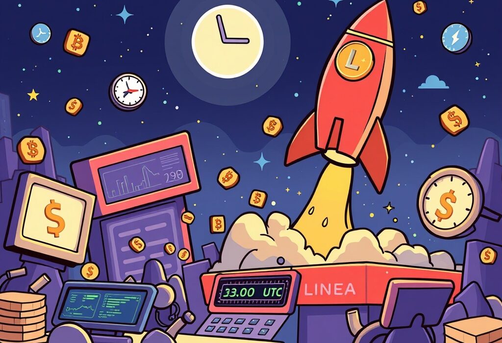 A rocket representing the LINEA token launching from the OKX exchange, symbolizing the upcoming OKX LINEA listing and the excitement it brings.