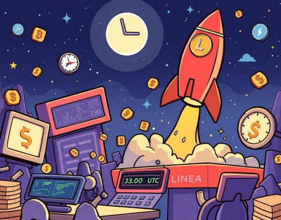 A rocket representing the LINEA token launching from the OKX exchange, symbolizing the upcoming OKX LINEA listing and the excitement it brings.