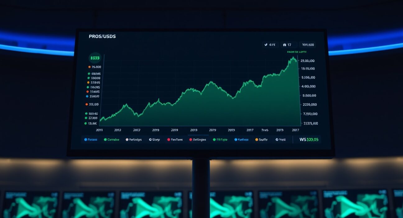 Cryptocurrency trading dashboard showing PROS/USDS chart on a monitor in a professional trading office.