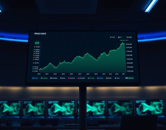 Cryptocurrency trading dashboard showing PROS/USDS chart on a monitor in a professional trading office.