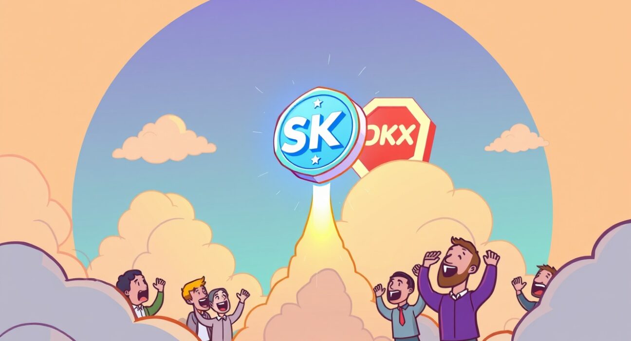 A vibrant cartoon showing the exciting OKX listing SKY token, symbolizing new opportunities in the crypto market.