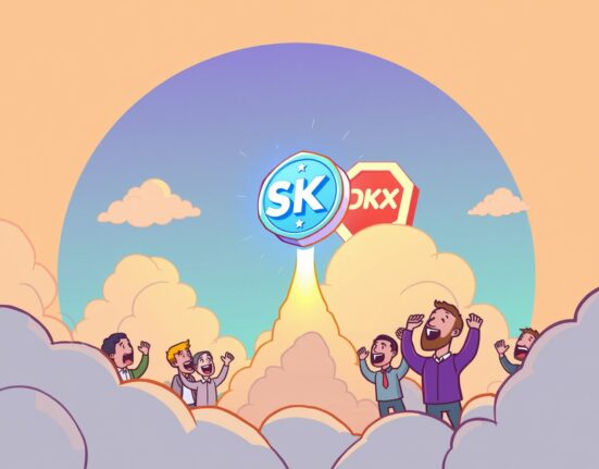 A vibrant cartoon showing the exciting OKX listing SKY token, symbolizing new opportunities in the crypto market.