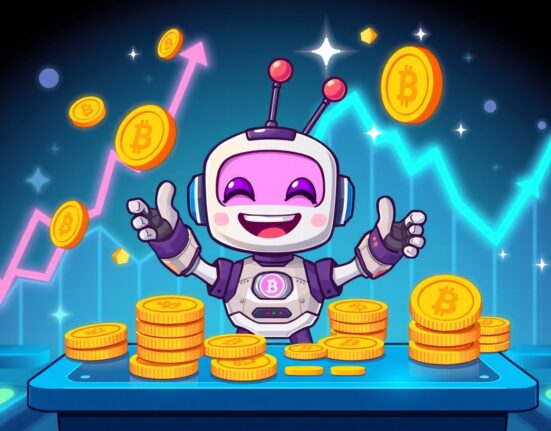 Friendly robot engaging in ALLO spot trading on digital exchange platform