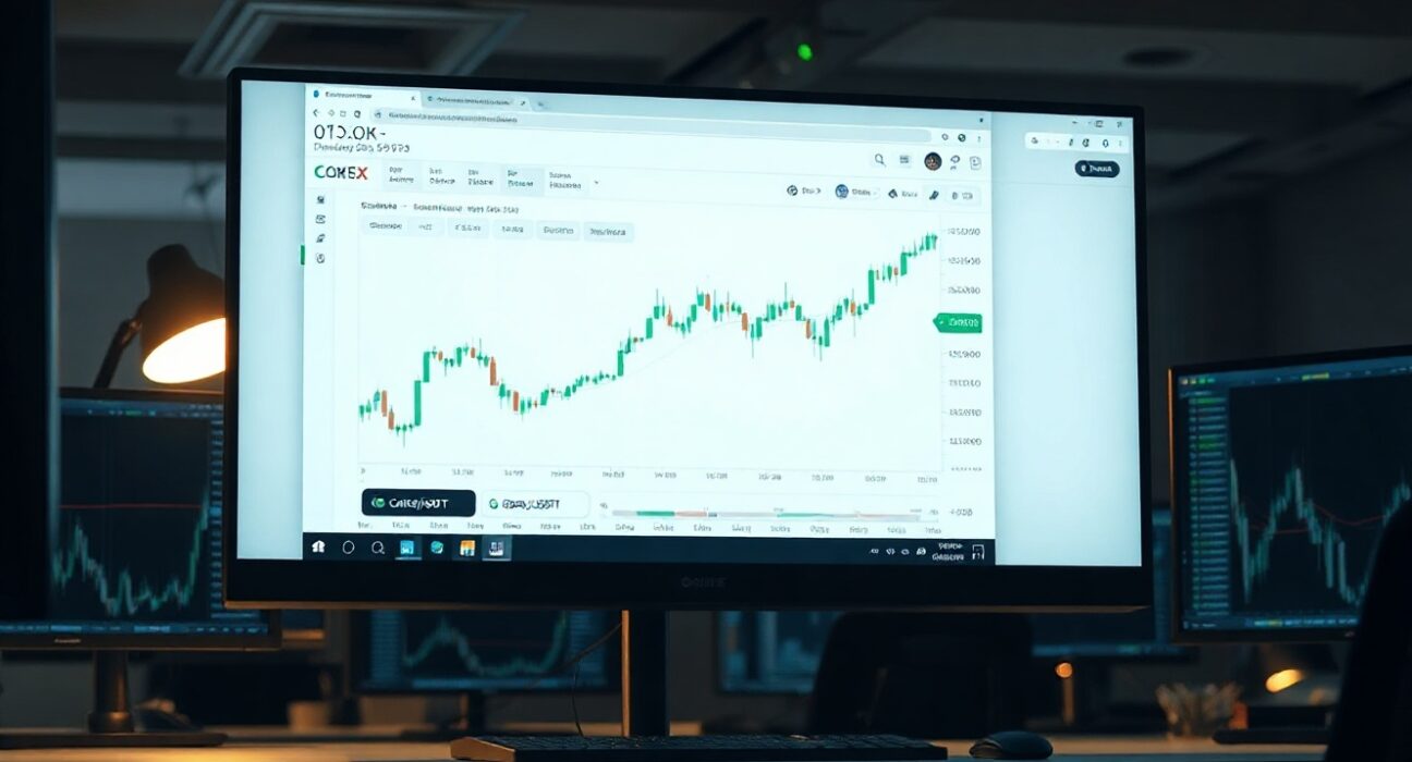 OKX trading platform interface showing CARDS/USDT pair on a monitor in a professional trading office.