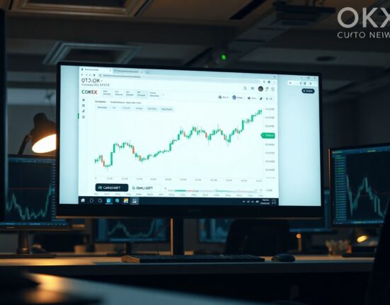 OKX trading platform interface showing CARDS/USDT pair on a monitor in a professional trading office.