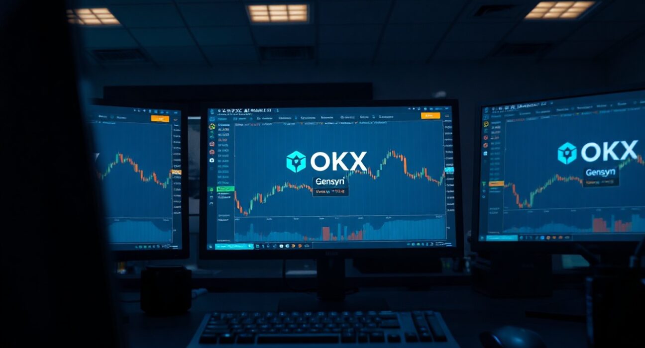 OKX cryptocurrency exchange trading interface displaying Gensyn AI token on monitors in a professional trading environment.