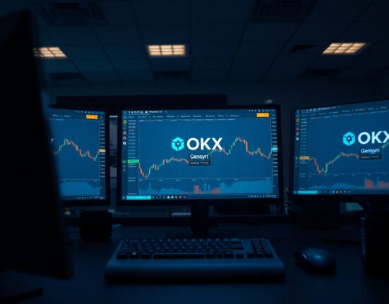 OKX cryptocurrency exchange trading interface displaying Gensyn AI token on monitors in a professional trading environment.