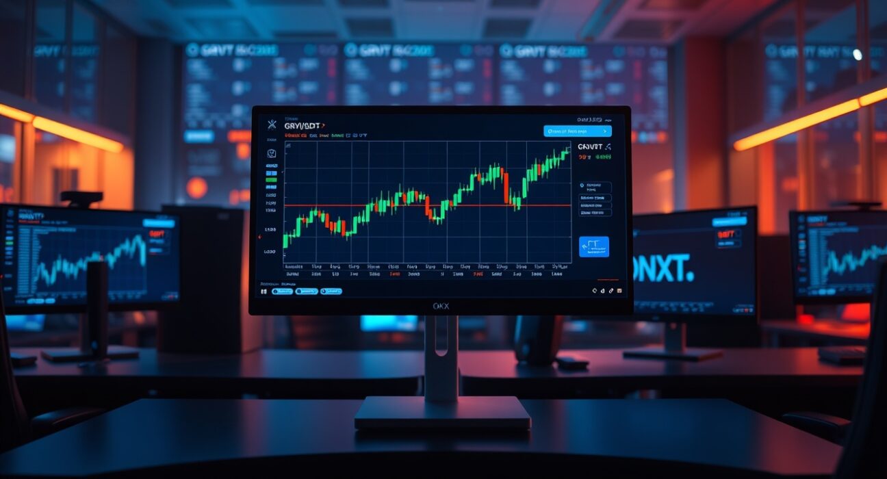 Trading desk monitors showing OKX exchange with GRVT/USDT pair and price chart