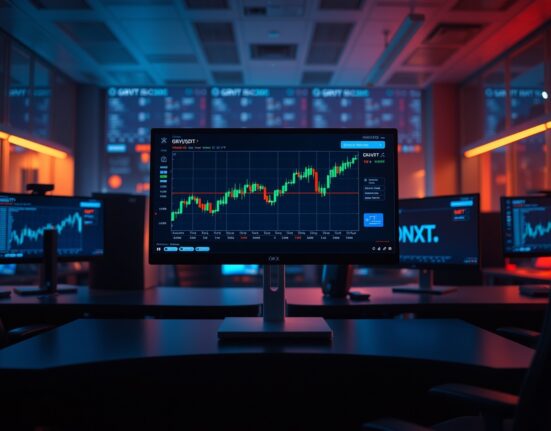 Trading desk monitors showing OKX exchange with GRVT/USDT pair and price chart