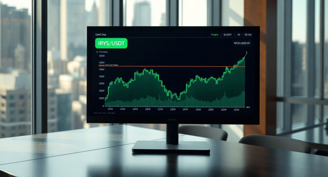 Digital trading interface showing IRYS/USDT pair on a monitor in a modern office