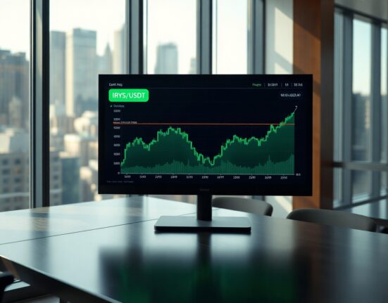 Digital trading interface showing IRYS/USDT pair on a monitor in a modern office